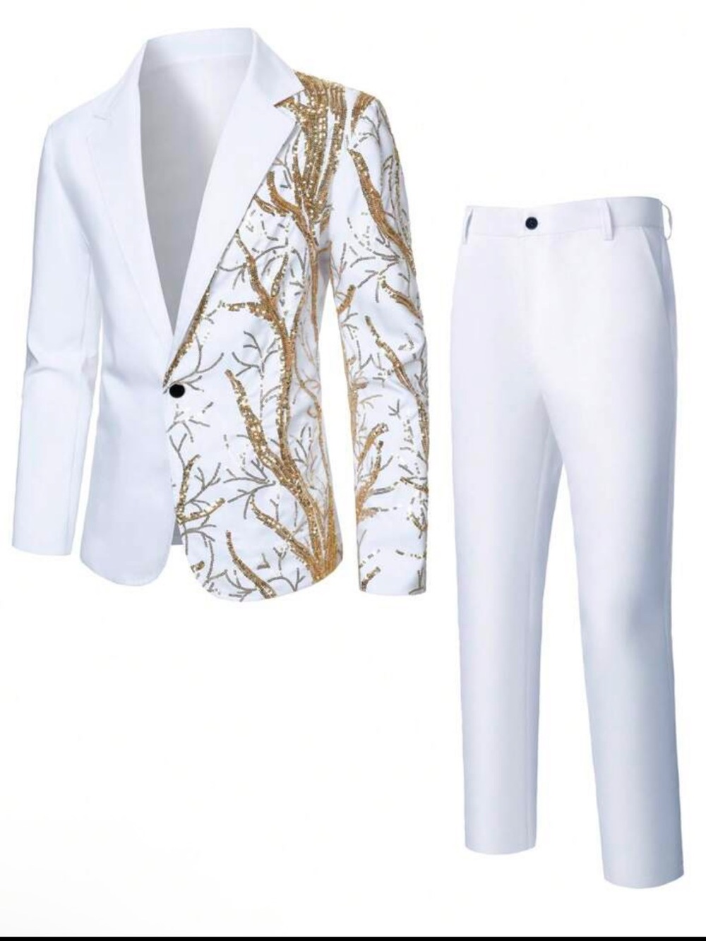 White & Gold Embroidered Men’s Blazer Suit - Elegant Formal Jacket and Trousers